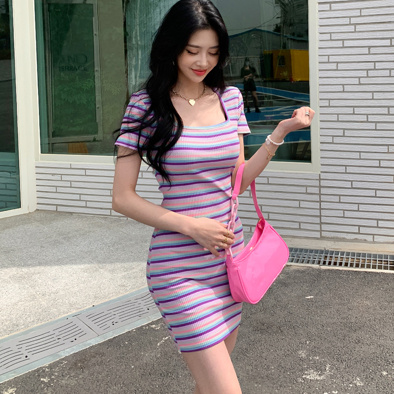 Temperament stripe knitted Korean style Casual dress