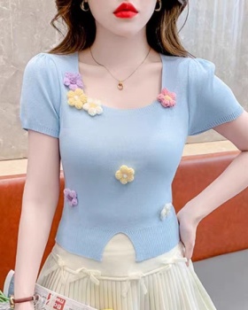 Square collar stereoscopic tops flowers sweater for women