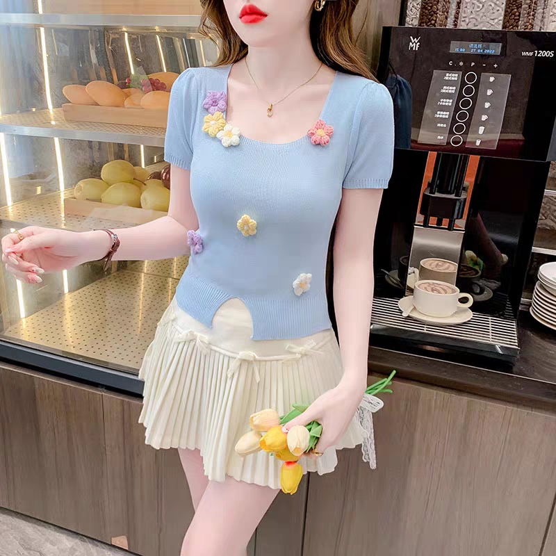 Square collar stereoscopic tops flowers sweater for women