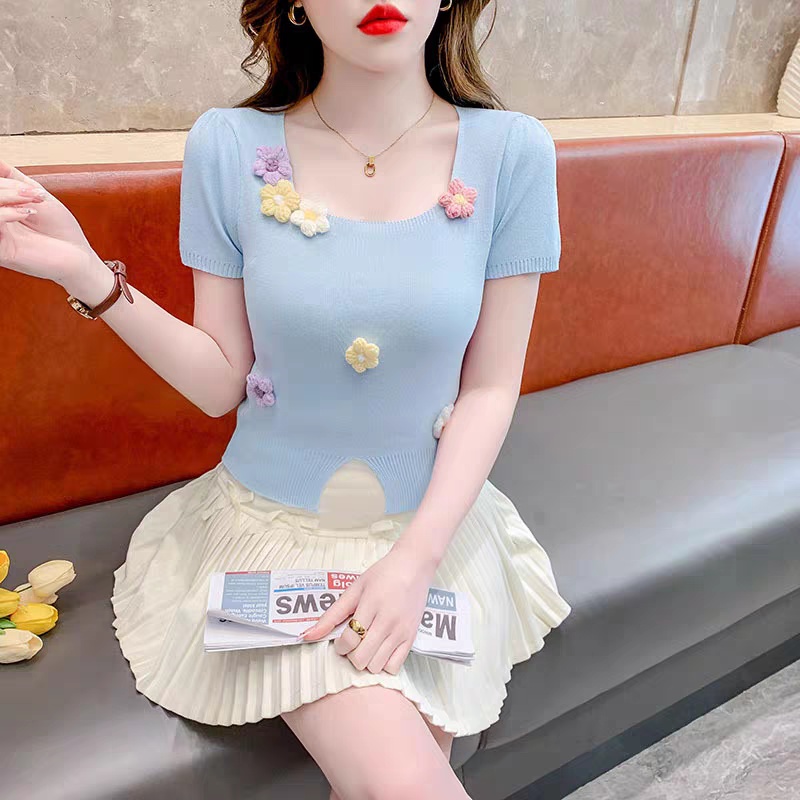 Square collar stereoscopic tops flowers sweater for women