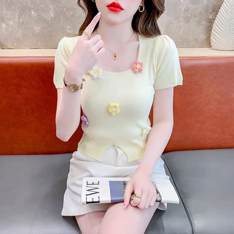 Square collar stereoscopic tops flowers sweater for women