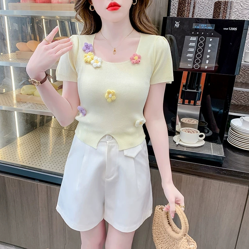 Square collar stereoscopic tops flowers sweater for women