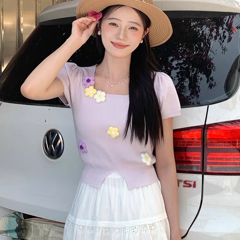 Square collar stereoscopic tops flowers sweater for women