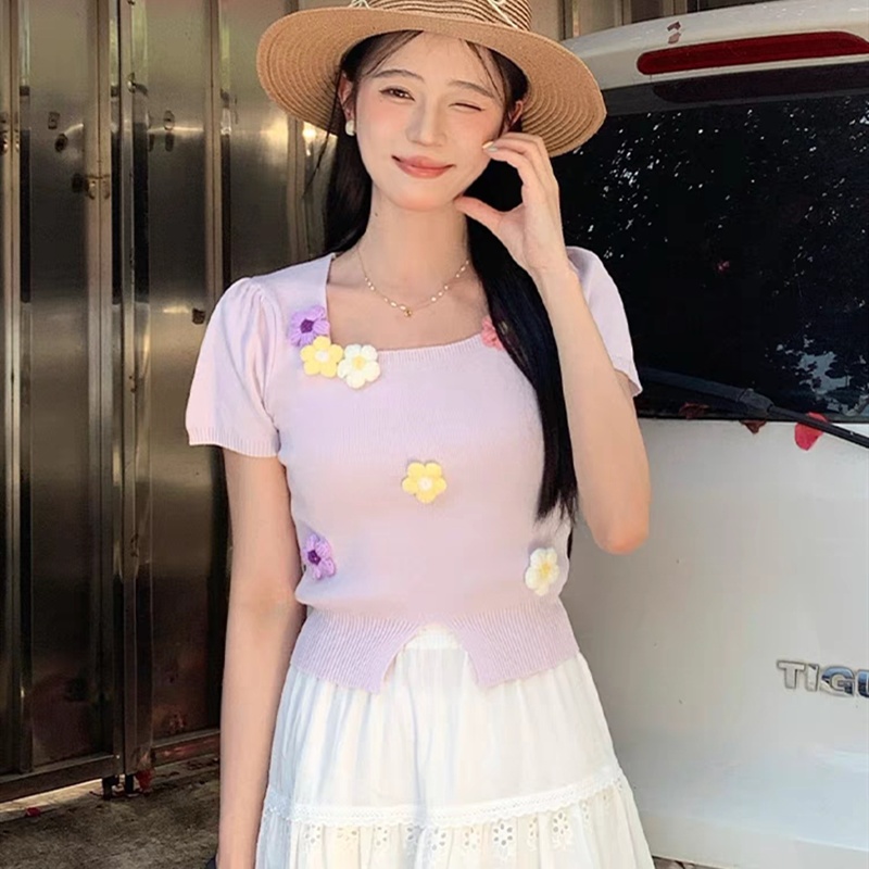 Square collar stereoscopic tops flowers sweater for women