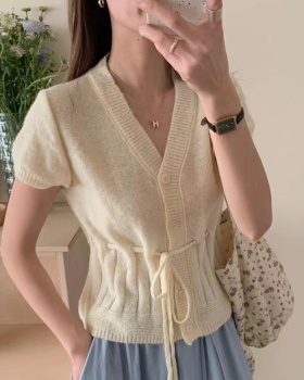 V-neck pinched waist tops all-match sweet cardigan for women
