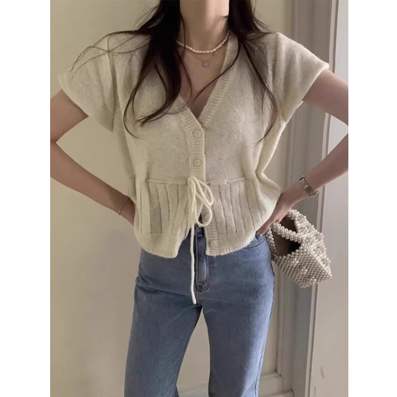 V-neck pinched waist tops all-match sweet cardigan for women