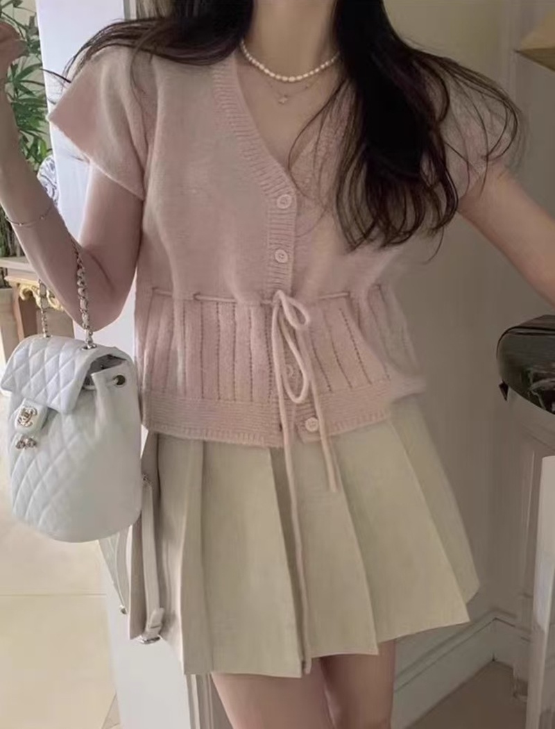 V-neck pinched waist tops all-match sweet cardigan for women