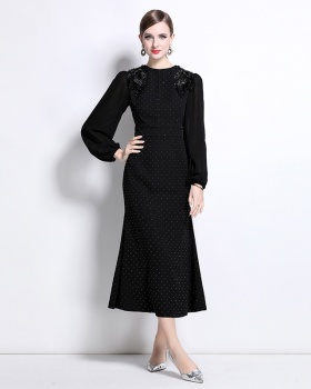 Rhinestone temperament dress round neck long dress