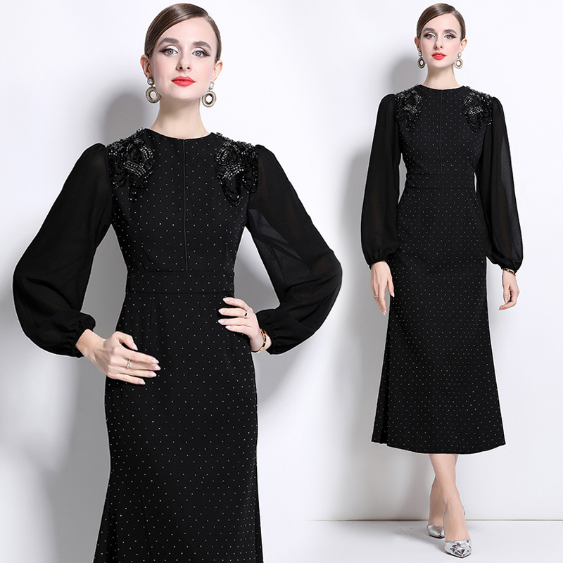 Rhinestone temperament dress round neck long dress