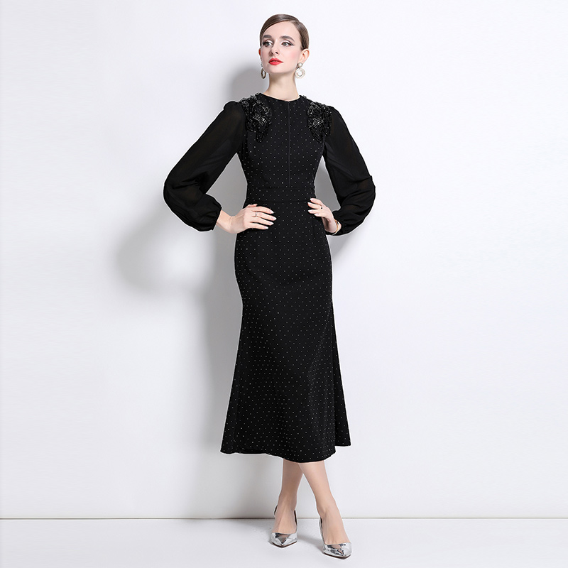 Rhinestone temperament dress round neck long dress