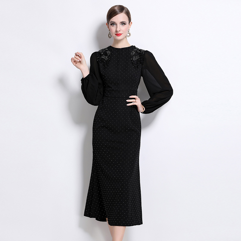 Rhinestone temperament dress round neck long dress
