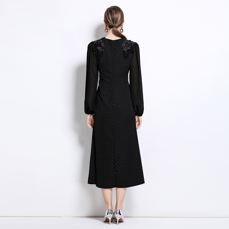 Rhinestone temperament dress round neck long dress