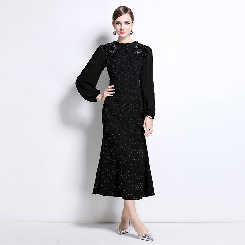 Rhinestone temperament dress round neck long dress