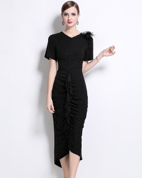 Rhinestone pinched waist dress elegant long dress