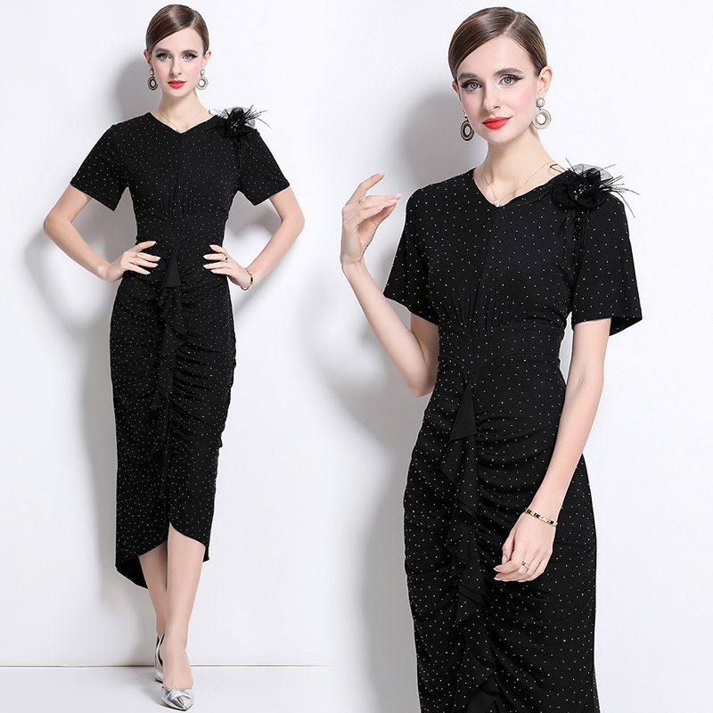 Rhinestone pinched waist dress elegant long dress