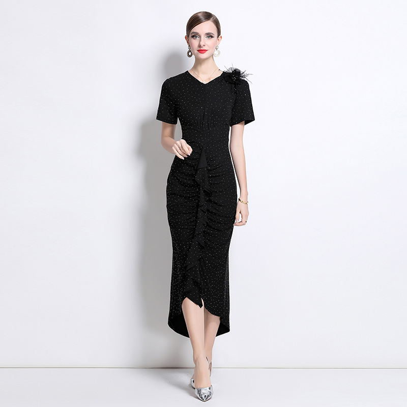 Rhinestone pinched waist dress elegant long dress