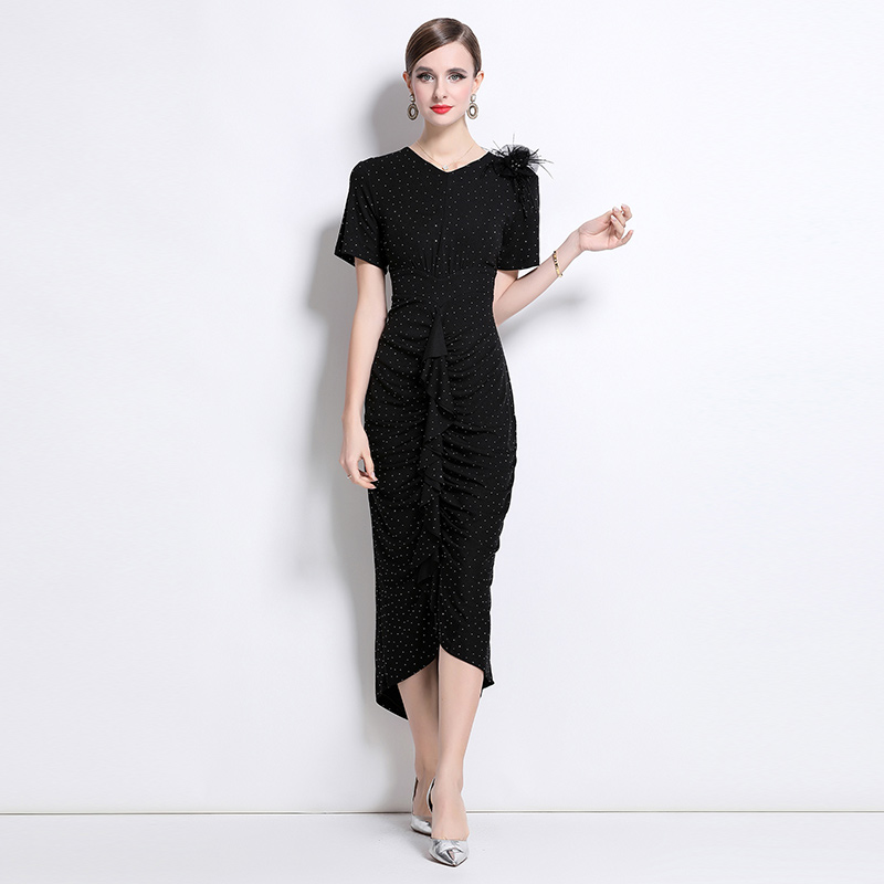 Rhinestone pinched waist dress elegant long dress