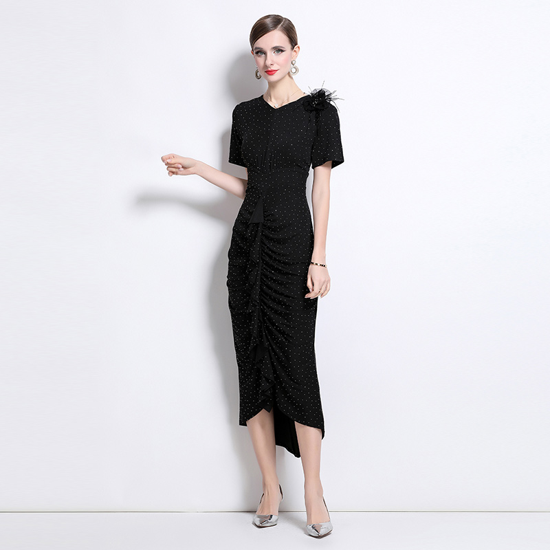 Rhinestone pinched waist dress elegant long dress