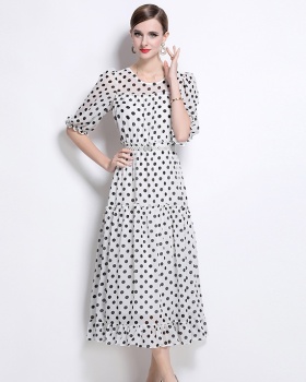 Temperament with pearl vacation belt polka dot ladies dress
