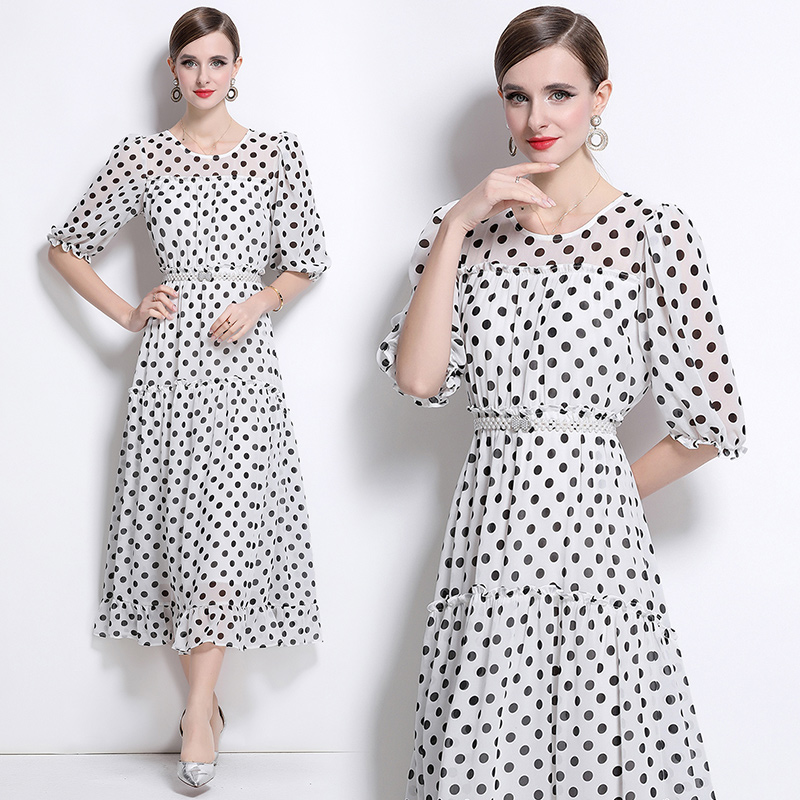 Temperament with pearl vacation belt polka dot ladies dress