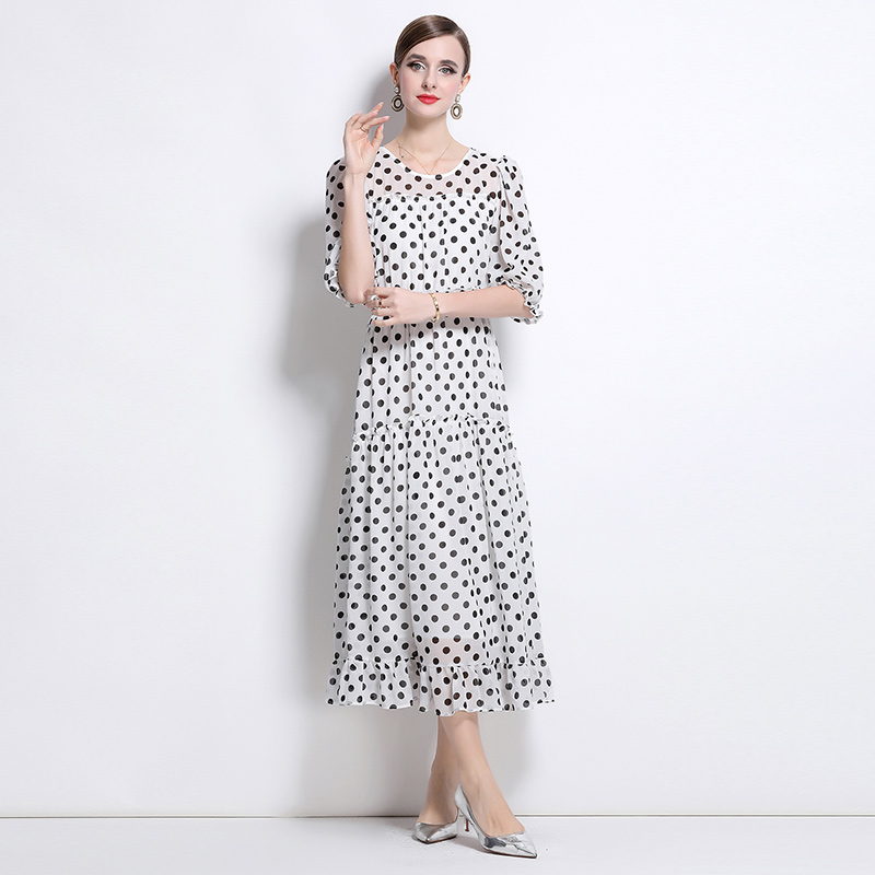 Temperament with pearl vacation belt polka dot ladies dress