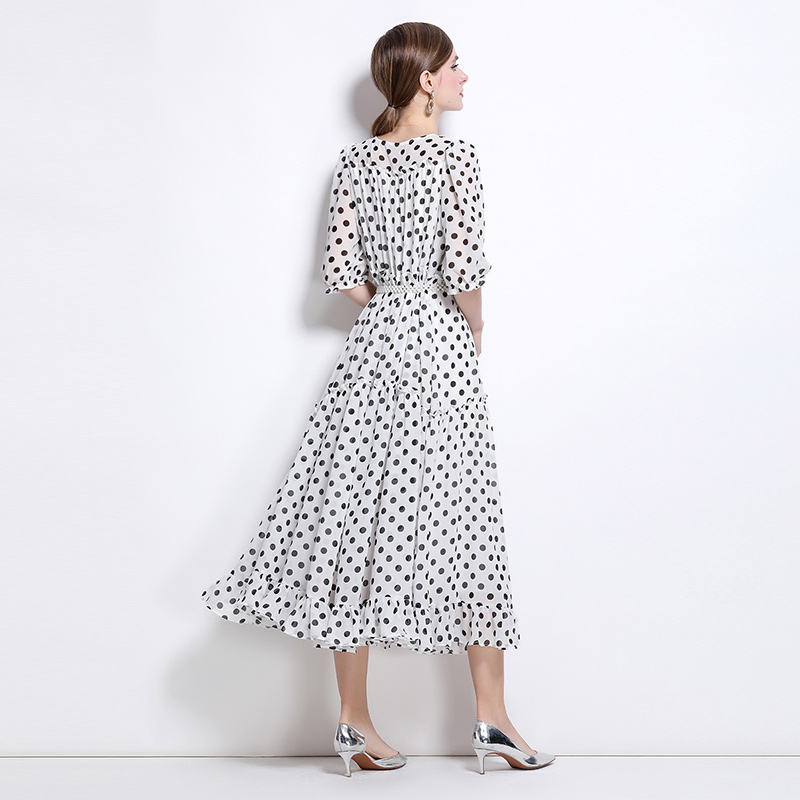 Temperament with pearl vacation belt polka dot ladies dress