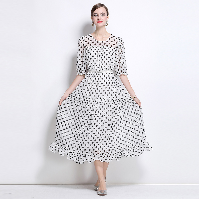 Temperament with pearl vacation belt polka dot ladies dress