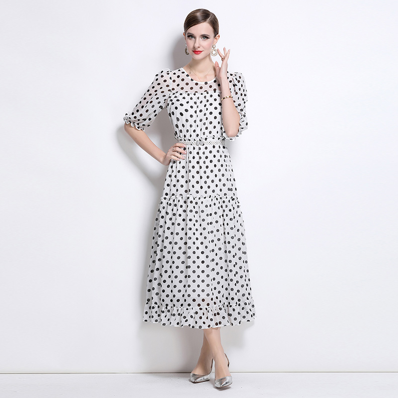 Temperament with pearl vacation belt polka dot ladies dress