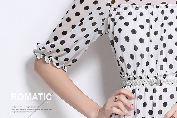 Temperament with pearl vacation belt polka dot ladies dress
