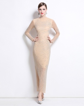 Gauze rhinestone formal dress cstand collar European style dress