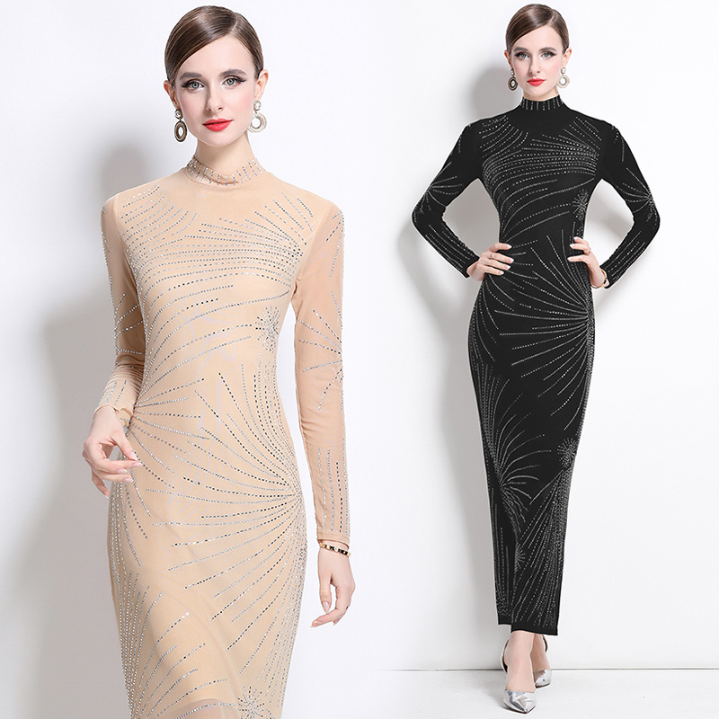 Gauze rhinestone formal dress cstand collar European style dress