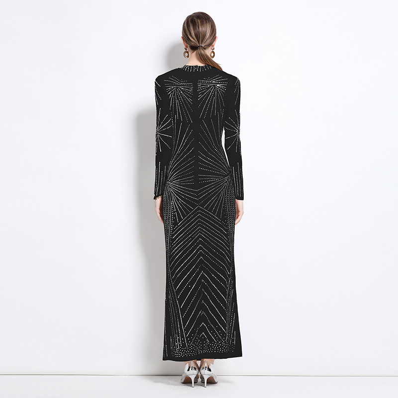 Gauze rhinestone formal dress cstand collar European style dress