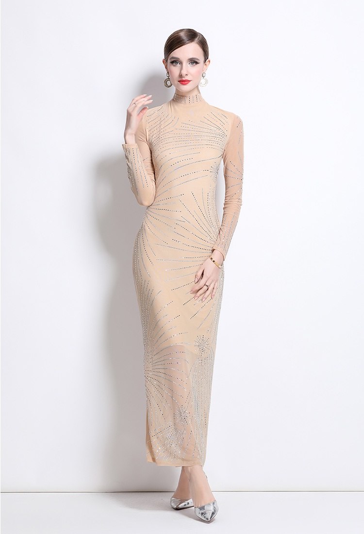 Gauze rhinestone formal dress cstand collar European style dress