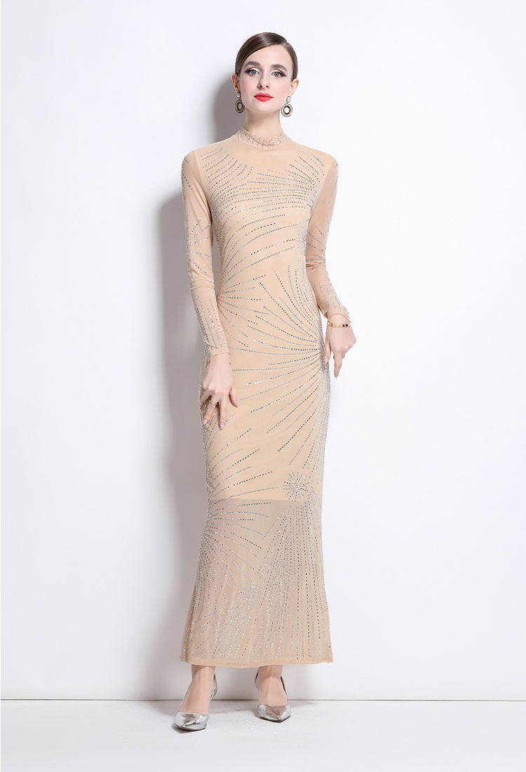 Gauze rhinestone formal dress cstand collar European style dress