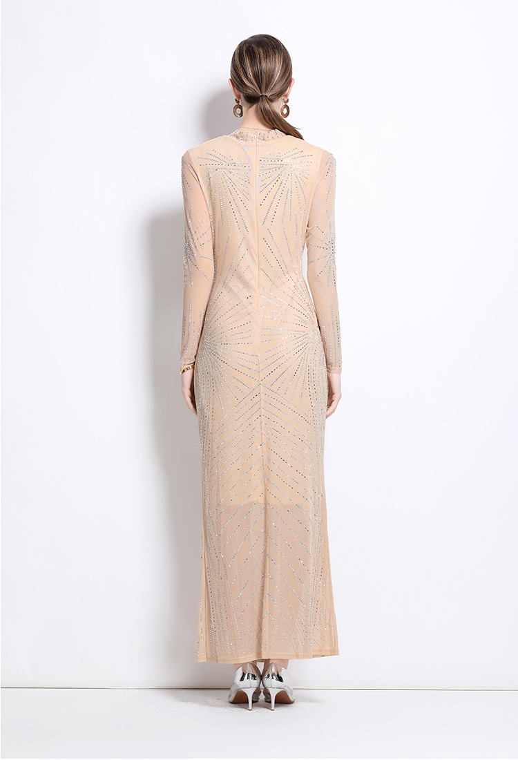 Gauze rhinestone formal dress cstand collar European style dress
