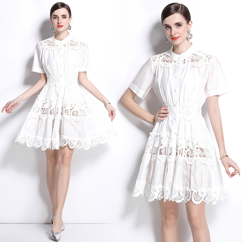 Short sleeve single-breasted light luxury splice dress