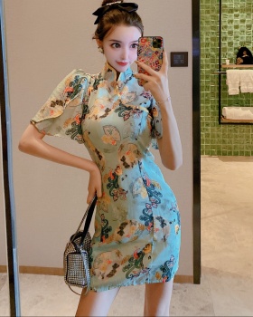 Fashion mixed colors cheongsam pinched waist slim dress