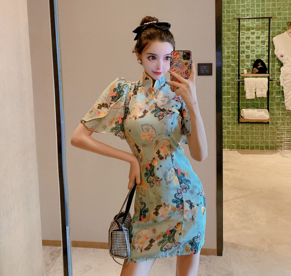Fashion mixed colors cheongsam pinched waist slim dress