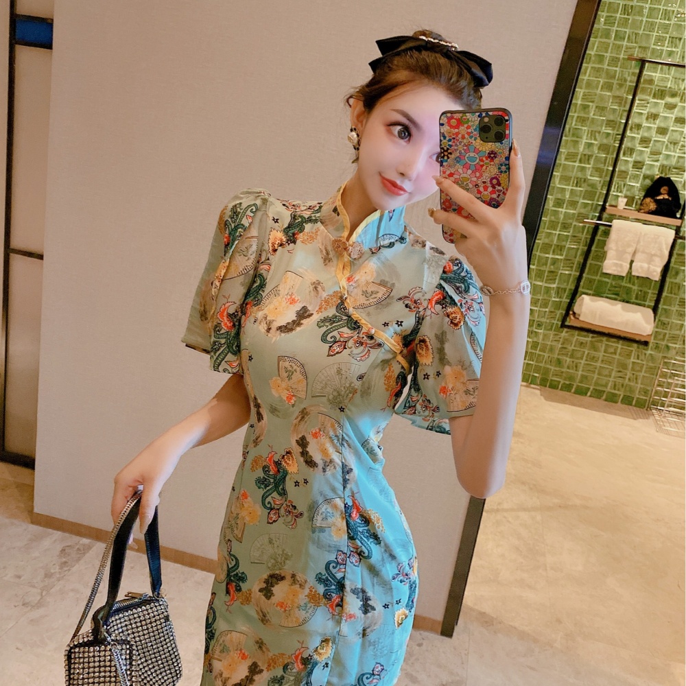 Fashion mixed colors cheongsam pinched waist slim dress