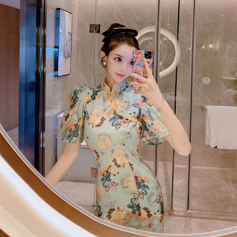 Fashion mixed colors cheongsam pinched waist slim dress