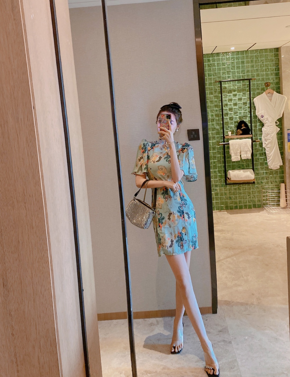 Fashion mixed colors cheongsam pinched waist slim dress