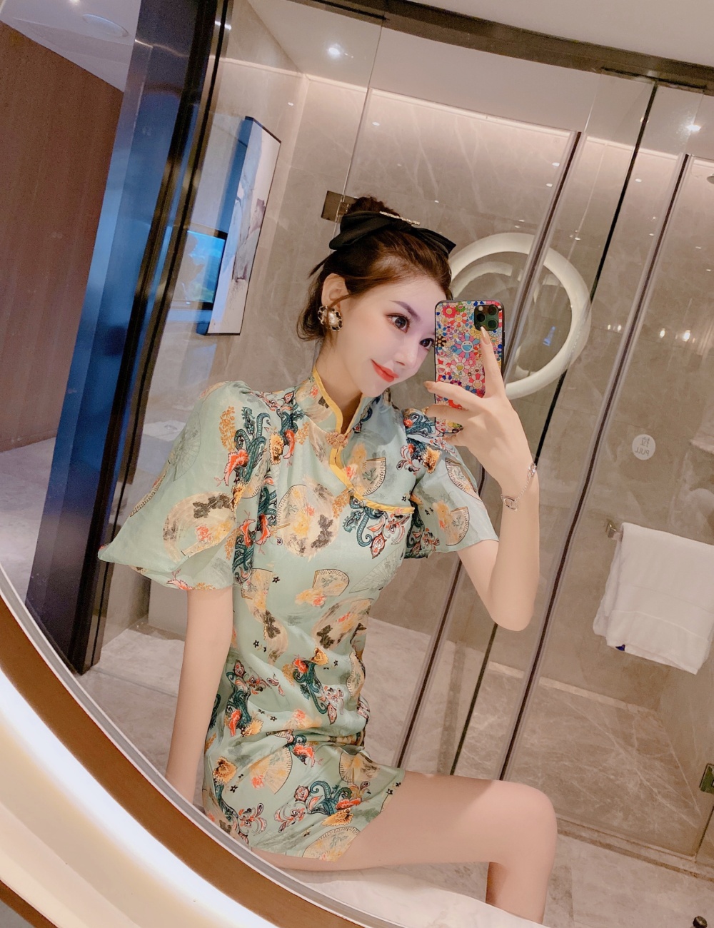Fashion mixed colors cheongsam pinched waist slim dress