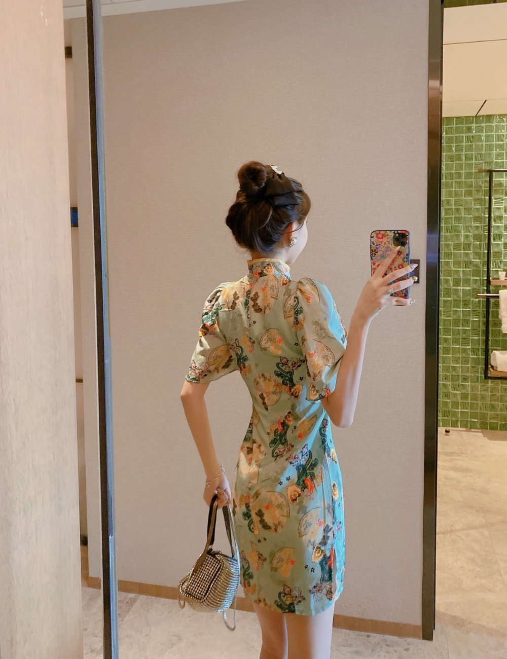 Fashion mixed colors cheongsam pinched waist slim dress