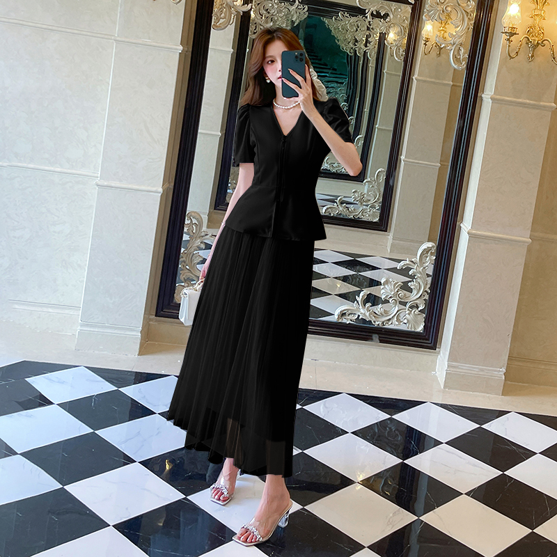 Fashion zip long skirt summer tops 2pcs set