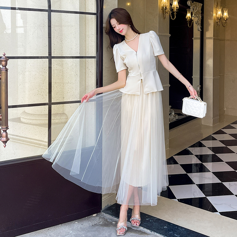 Fashion zip long skirt summer tops 2pcs set