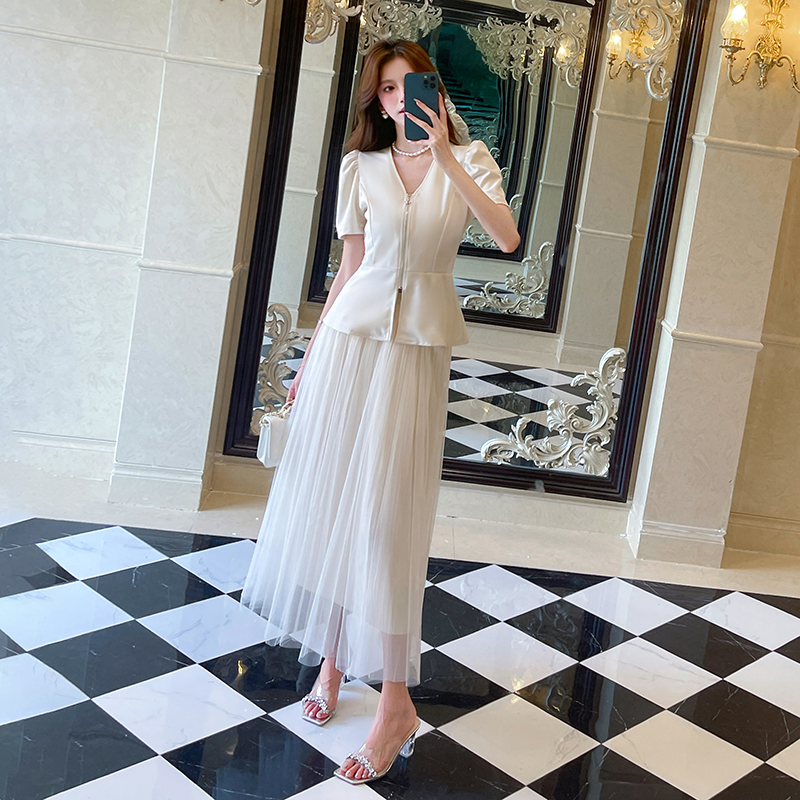 Fashion zip long skirt summer tops 2pcs set