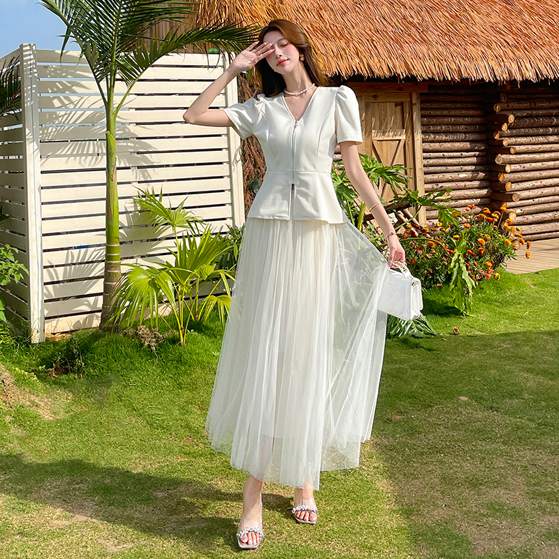 Fashion zip long skirt summer tops 2pcs set