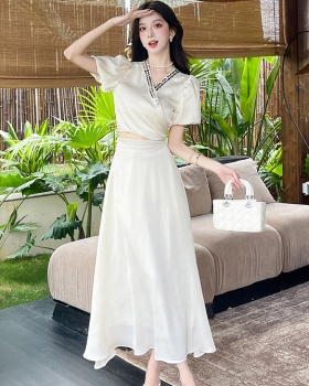 Fashion sexy short long skirt summer V-neck tops 2pcs set