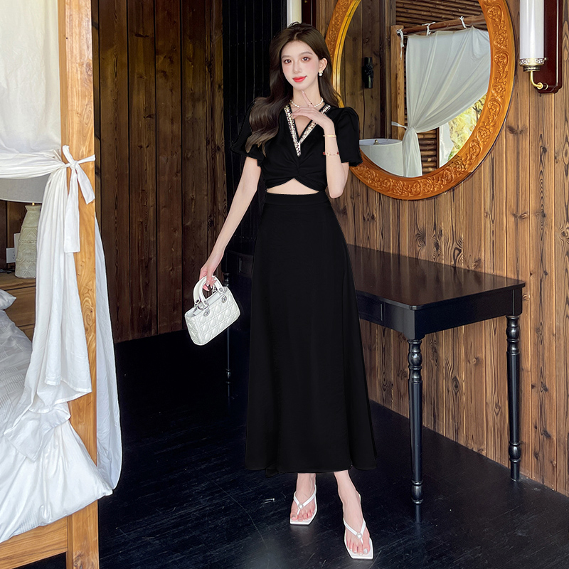 Fashion sexy short long skirt summer V-neck tops 2pcs set
