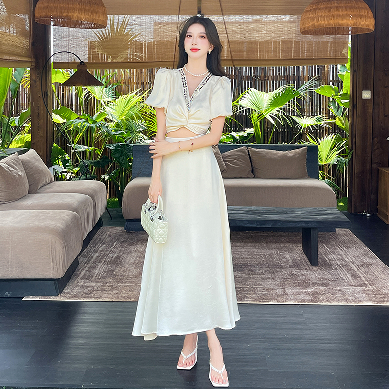 Fashion sexy short long skirt summer V-neck tops 2pcs set